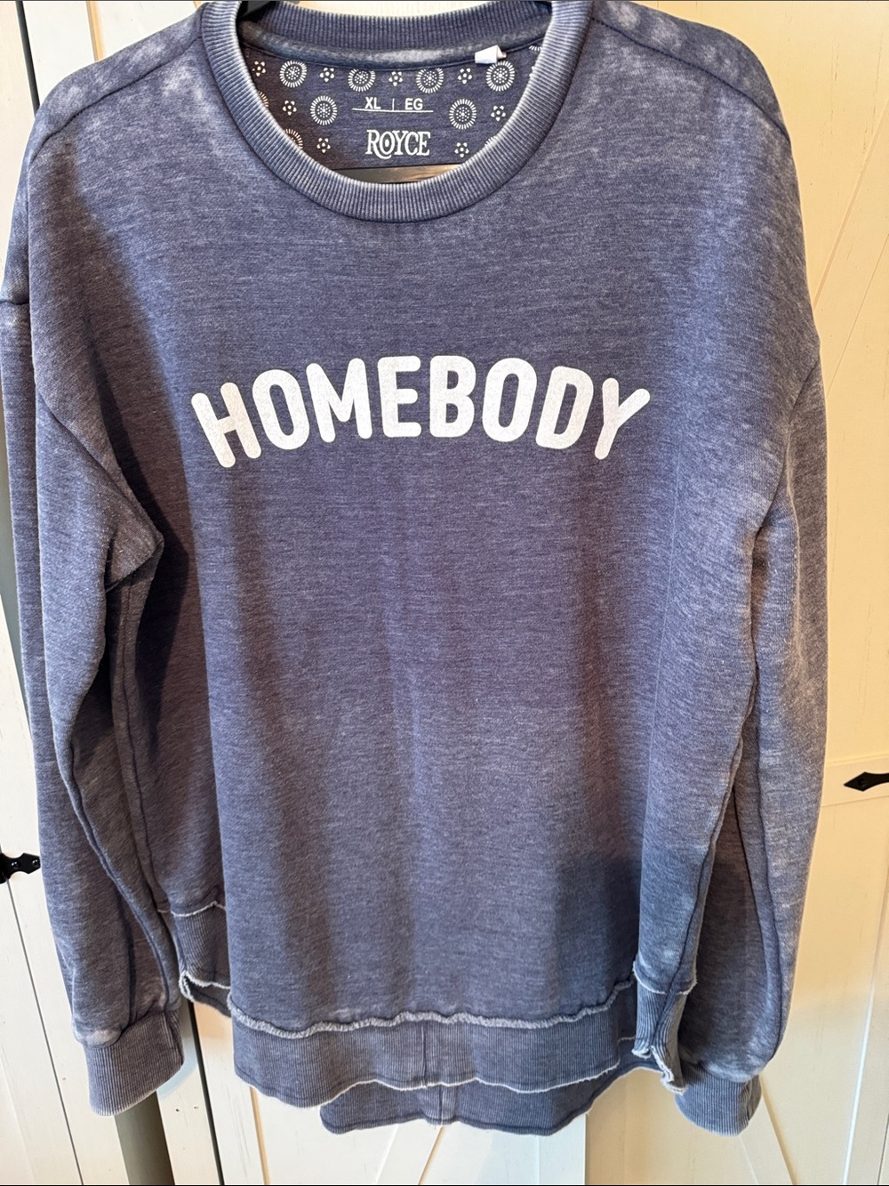 Royce 'HOMEBODY' Crewneck Sweatshirt - Heather Navy, distressed look style